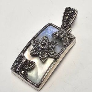 Vintage Sterling Silver Marcasite Pendant With Mother Of Pearl, Butterfly Flower